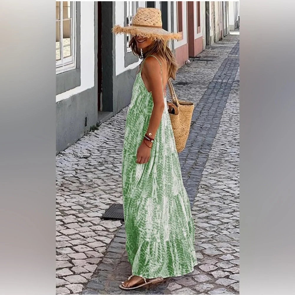 PRETTYGARDEN Spaghetti Strap, Scoop Neck, Maxi flowy boho, with Pockets - Picture 4 of 9